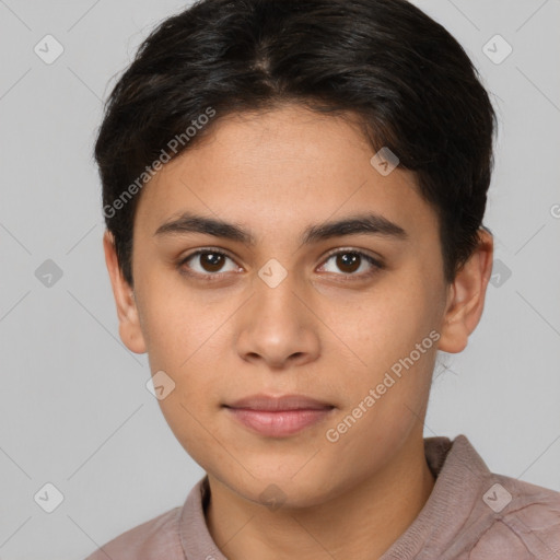 Neutral latino young-adult female with short  brown hair and brown eyes