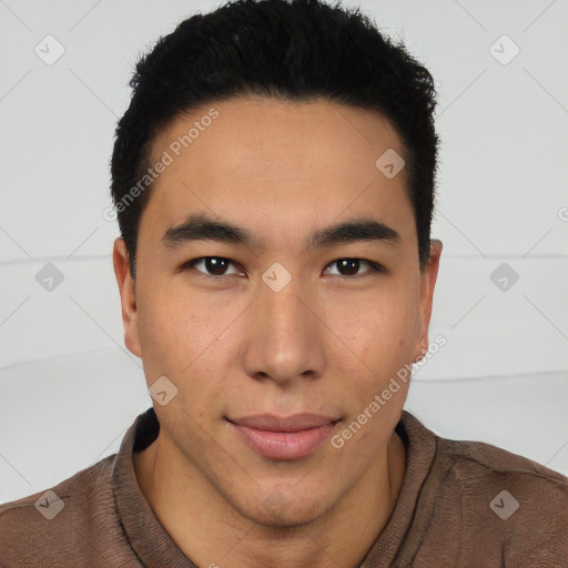 Neutral latino young-adult male with short  brown hair and brown eyes