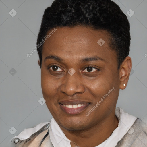 Joyful black young-adult female with short  black hair and brown eyes