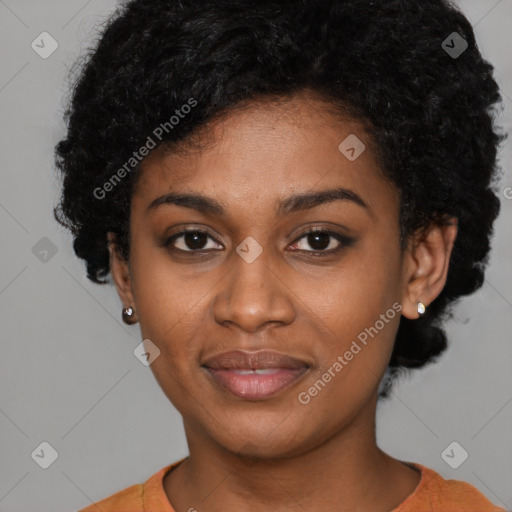 Joyful latino young-adult female with short  black hair and brown eyes