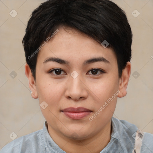 Joyful asian young-adult female with short  black hair and brown eyes