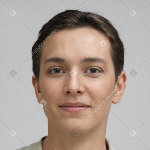 Neutral white young-adult male with short  brown hair and brown eyes