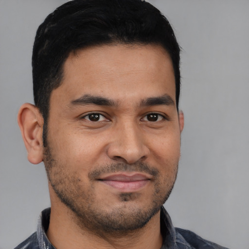 Neutral latino young-adult male with short  brown hair and brown eyes