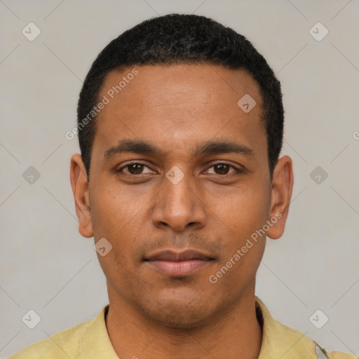 Neutral latino young-adult male with short  black hair and brown eyes