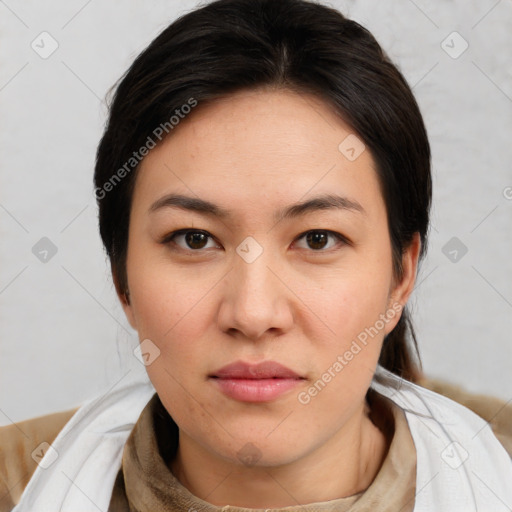 Neutral white young-adult female with short  brown hair and brown eyes