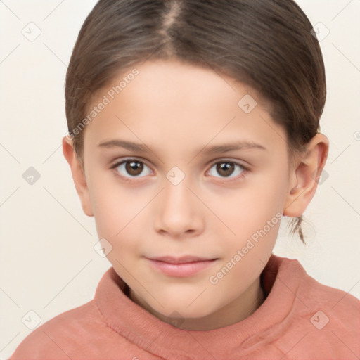 Joyful white child female with short  brown hair and brown eyes