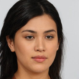 Neutral asian young-adult female with long  brown hair and brown eyes