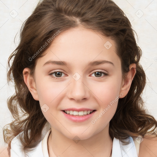 Joyful white child female with medium  brown hair and brown eyes