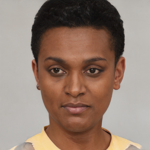 Neutral black young-adult female with short  black hair and brown eyes