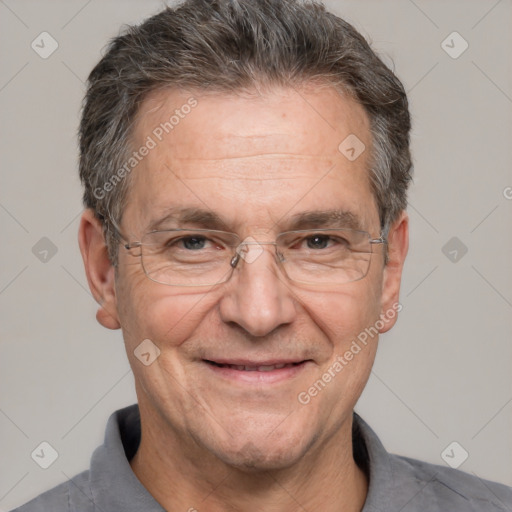 Joyful white middle-aged male with short  brown hair and brown eyes