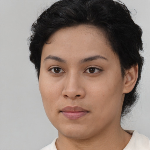 Neutral asian young-adult female with short  brown hair and brown eyes