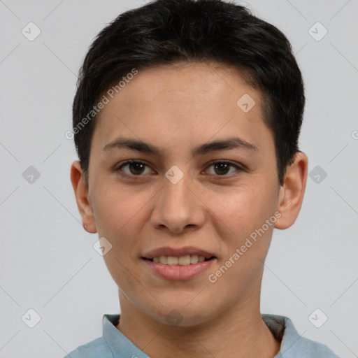 Joyful white young-adult female with short  brown hair and brown eyes