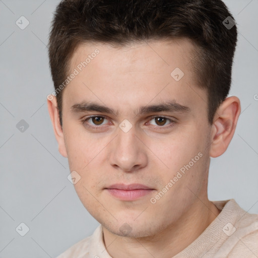 Neutral white young-adult male with short  brown hair and brown eyes