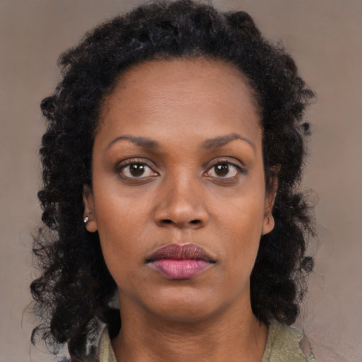 Neutral black young-adult female with medium  black hair and brown eyes