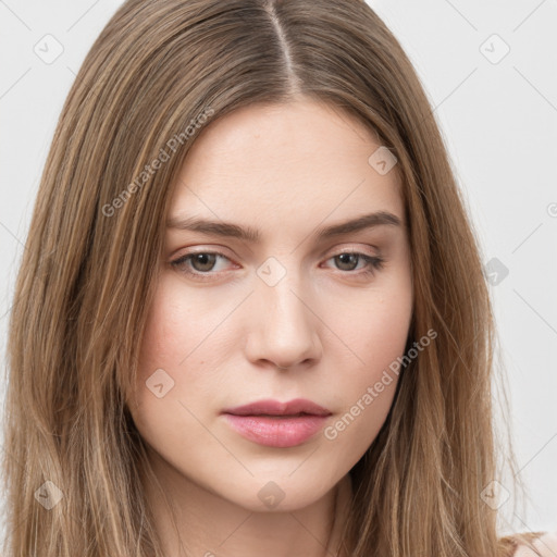 Neutral white young-adult female with long  brown hair and brown eyes