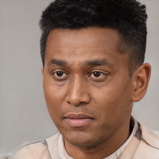 Neutral latino adult male with short  brown hair and brown eyes
