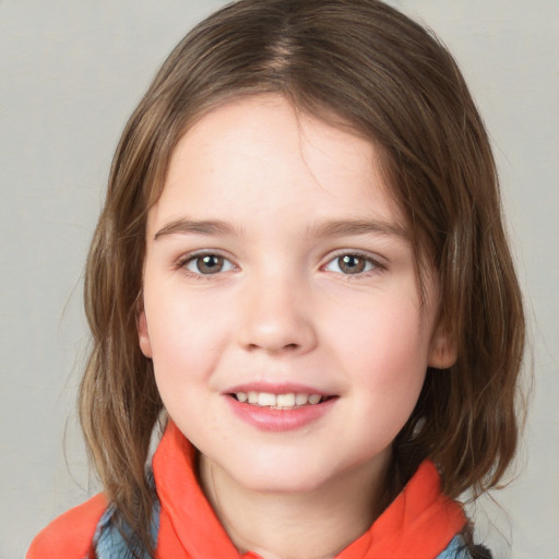 Joyful white child female with medium  brown hair and brown eyes