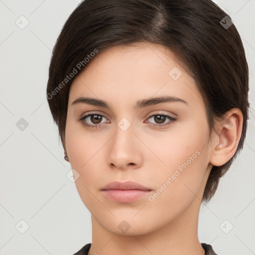 Neutral white young-adult female with medium  brown hair and brown eyes