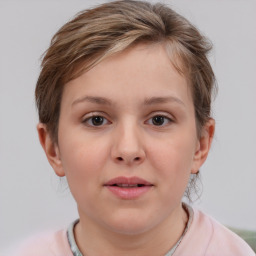 Neutral white young-adult female with short  brown hair and brown eyes