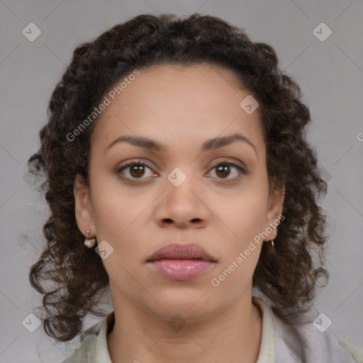 Neutral black young-adult female with medium  brown hair and brown eyes