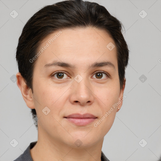 Joyful white young-adult female with short  brown hair and brown eyes