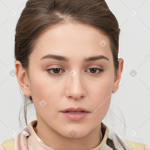 Neutral white young-adult female with medium  brown hair and brown eyes