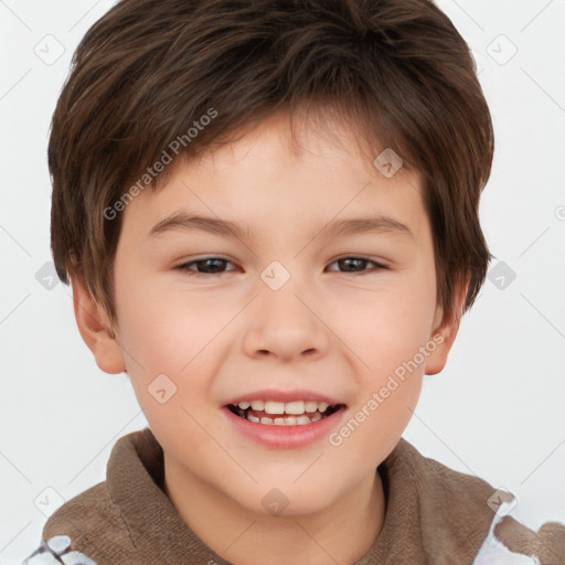 Joyful white child male with short  brown hair and brown eyes