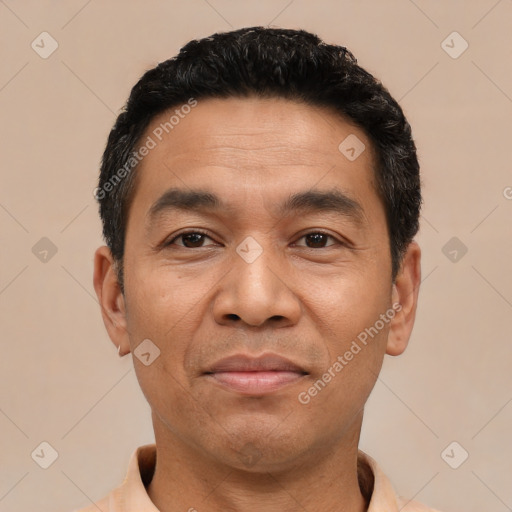 Joyful latino adult male with short  black hair and brown eyes