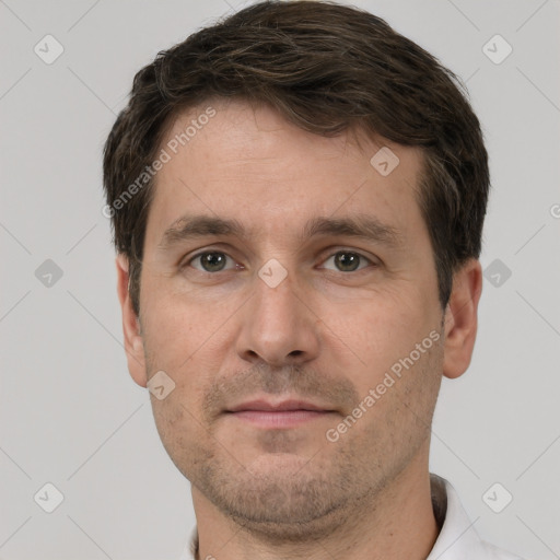 Neutral white adult male with short  brown hair and brown eyes