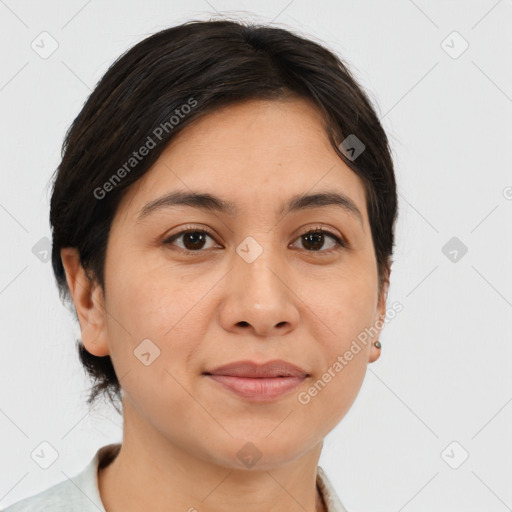 Joyful white adult female with medium  brown hair and brown eyes