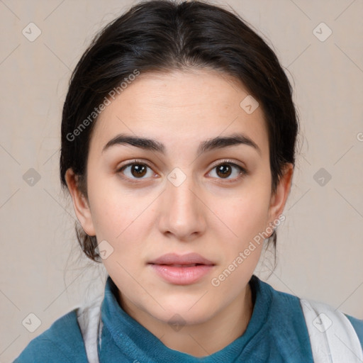 Neutral white young-adult female with medium  brown hair and brown eyes