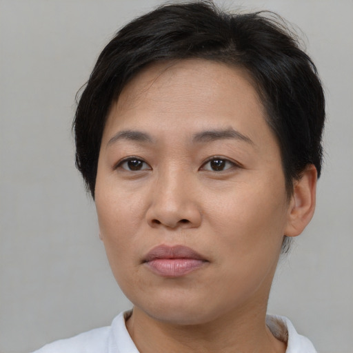 Joyful asian young-adult female with short  brown hair and brown eyes