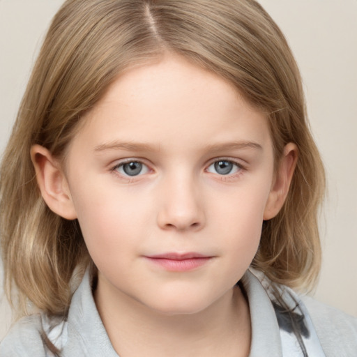 Neutral white child female with medium  brown hair and grey eyes