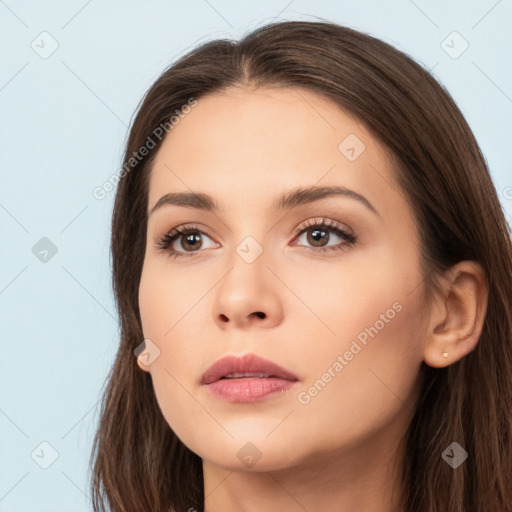 Neutral white young-adult female with long  brown hair and brown eyes