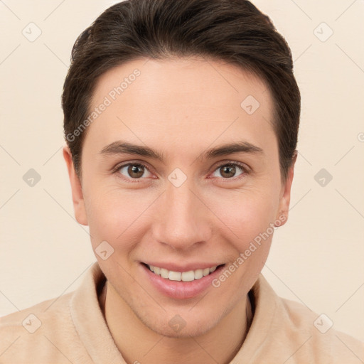 Joyful white young-adult female with short  brown hair and brown eyes