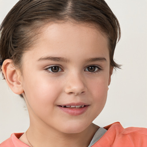 Joyful white child female with short  brown hair and brown eyes