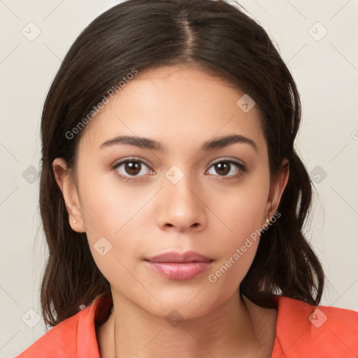 Neutral white young-adult female with medium  brown hair and brown eyes