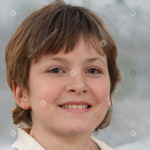 Joyful white child female with medium  brown hair and brown eyes