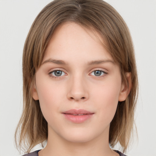 Neutral white young-adult female with medium  brown hair and grey eyes