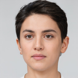 Neutral white young-adult female with short  brown hair and brown eyes