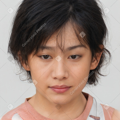 Neutral asian young-adult female with medium  brown hair and brown eyes