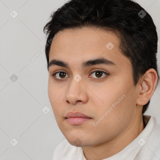 Neutral white young-adult male with short  black hair and brown eyes