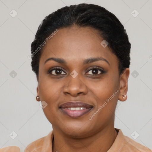 Joyful latino young-adult female with short  black hair and brown eyes