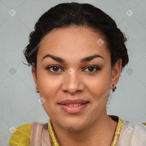 Joyful latino young-adult female with short  brown hair and brown eyes