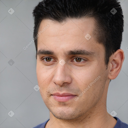 Neutral white young-adult male with short  brown hair and brown eyes