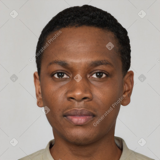 Neutral black young-adult male with short  black hair and brown eyes