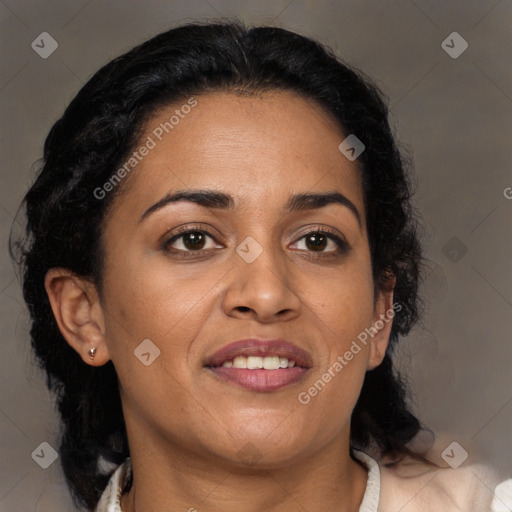 Joyful black adult female with medium  black hair and brown eyes