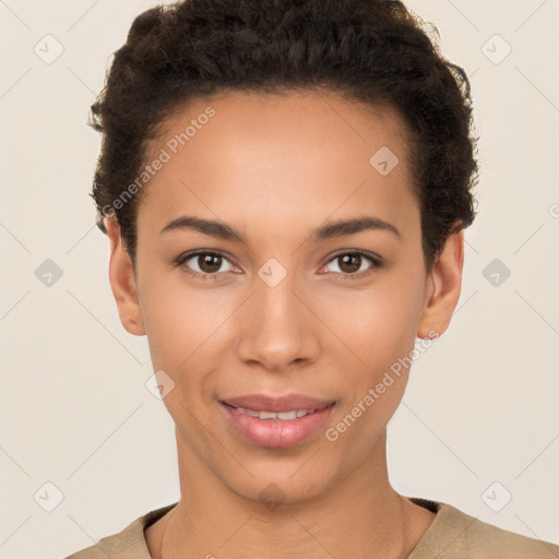 Joyful white young-adult female with short  black hair and brown eyes