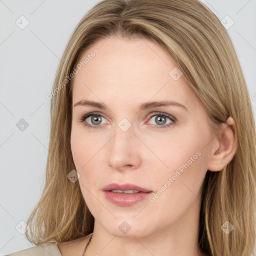 Neutral white young-adult female with long  brown hair and grey eyes