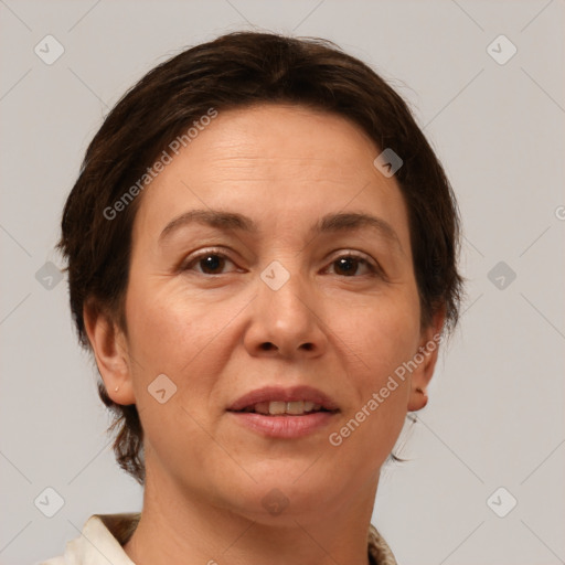 Joyful white adult female with medium  brown hair and brown eyes